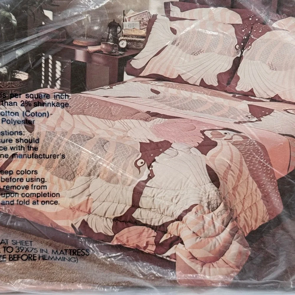 Vintage Burlington Helen Webber Birdscape Twin Flat Sheet MCM Brown Tan NEW